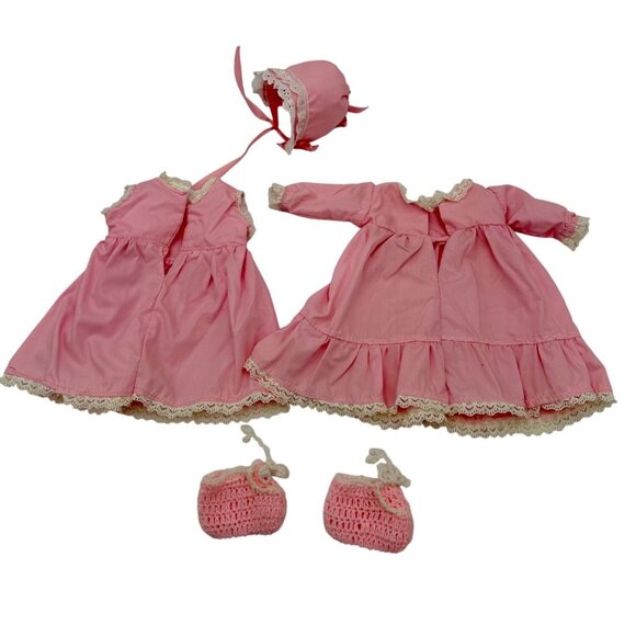 Doll Dress Clothing Pink Lace Trim Bonnet Slip Crochet Booties Homemade Set 16" - Picture 2 of 6